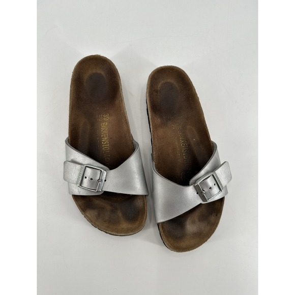 Birkenstock Madrid Women's Sandals Birko-Flor Patent Silver Flat Shoes Size 36 - Picture 1 of 10